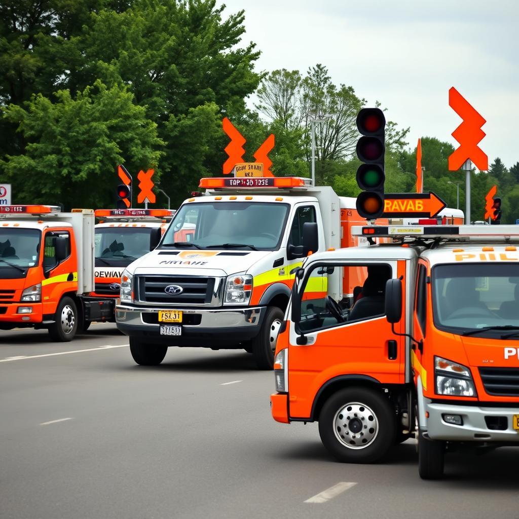 Fleet of traffic control company trucks