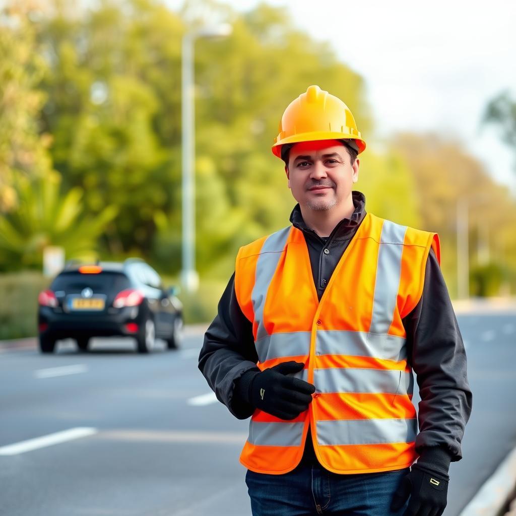 Traffic control worker in high-visibility vest